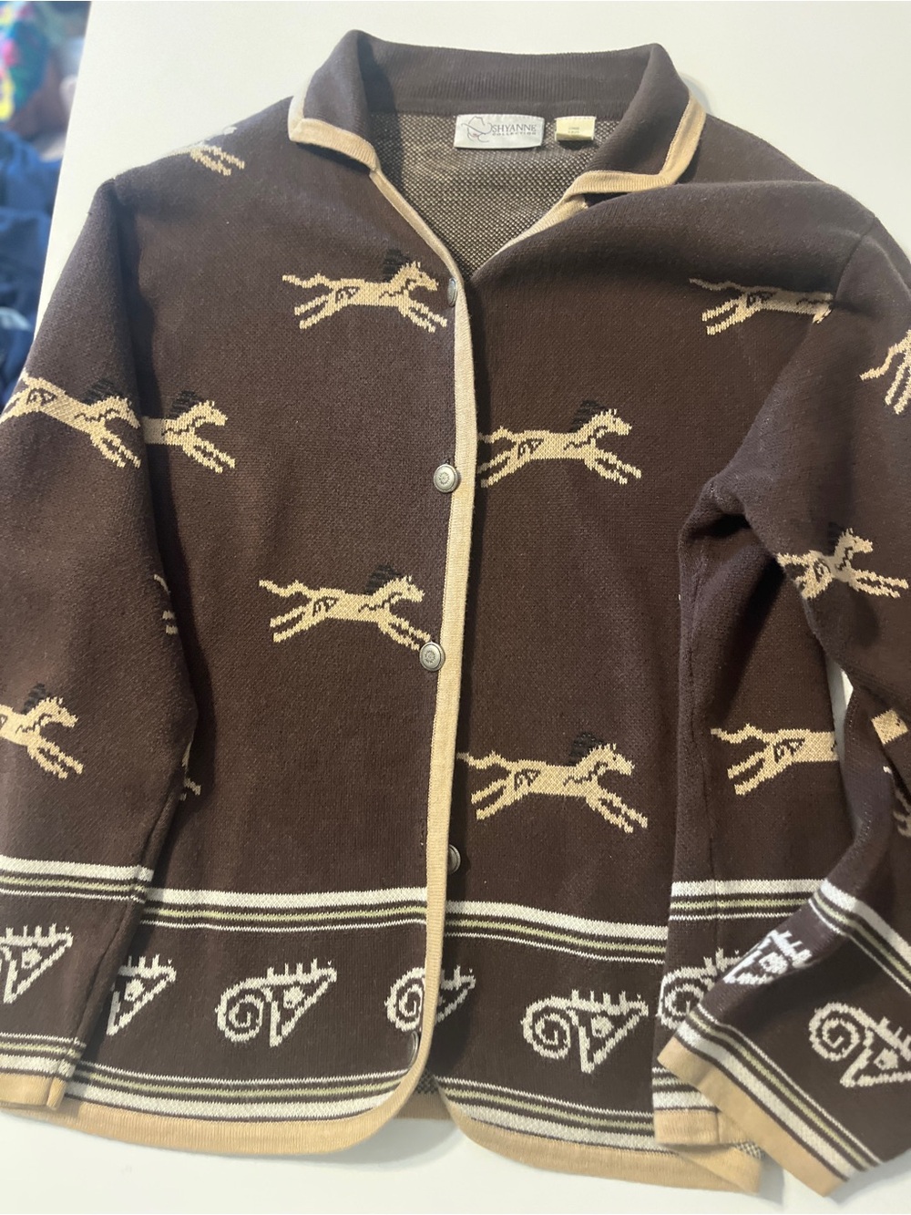 Cheyenne brand women’s Brown Knit Cardigan with Tan Horse Motif